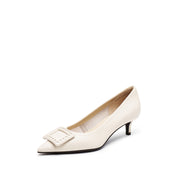 Beige Brogue Buckle Pointed Heeled Pumps