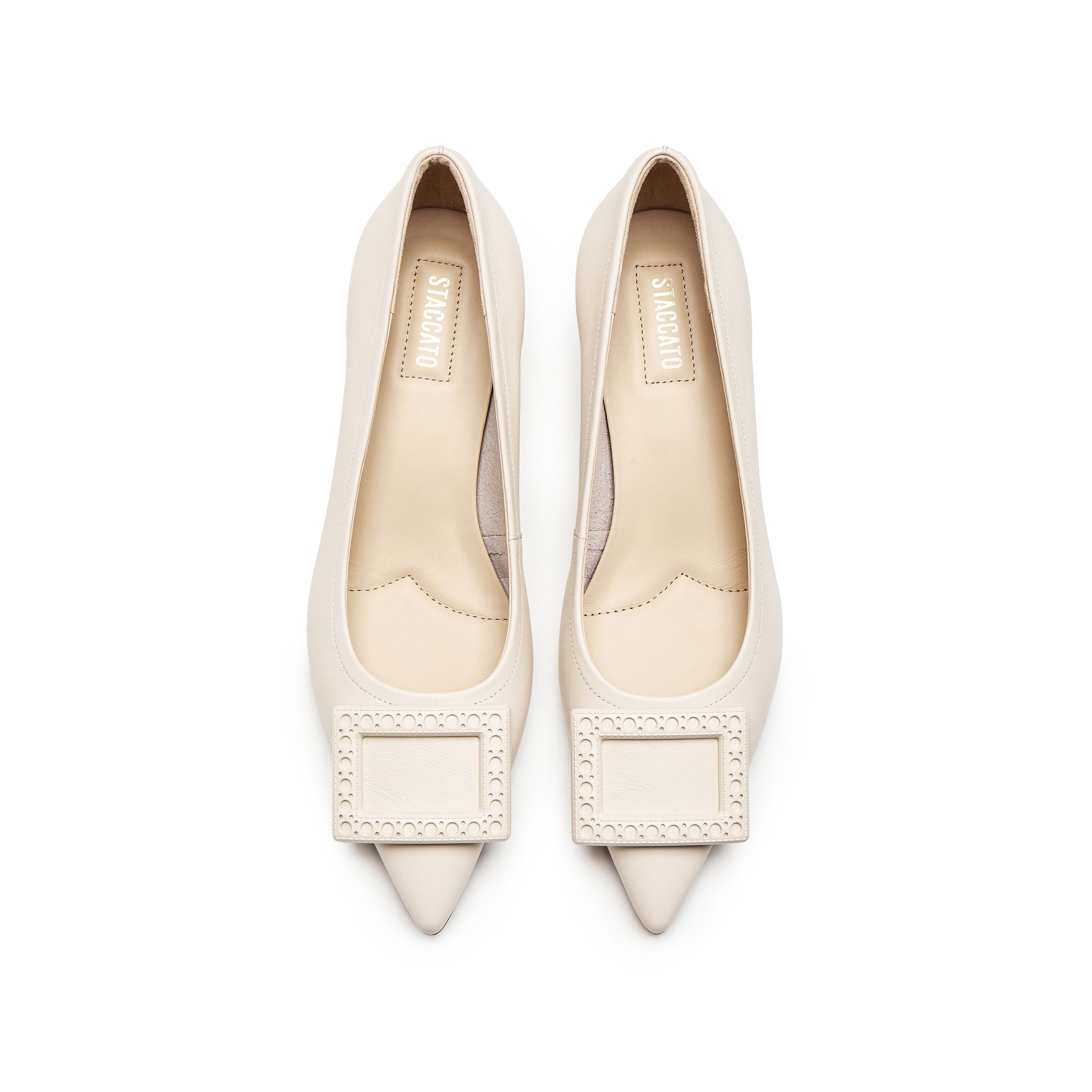 Beige Brogue Buckle Pointed Heeled Pumps