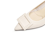 Beige Brogue Buckle Pointed Heeled Pumps