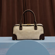 Taupe Suede Patch Vintage Bowling Bag