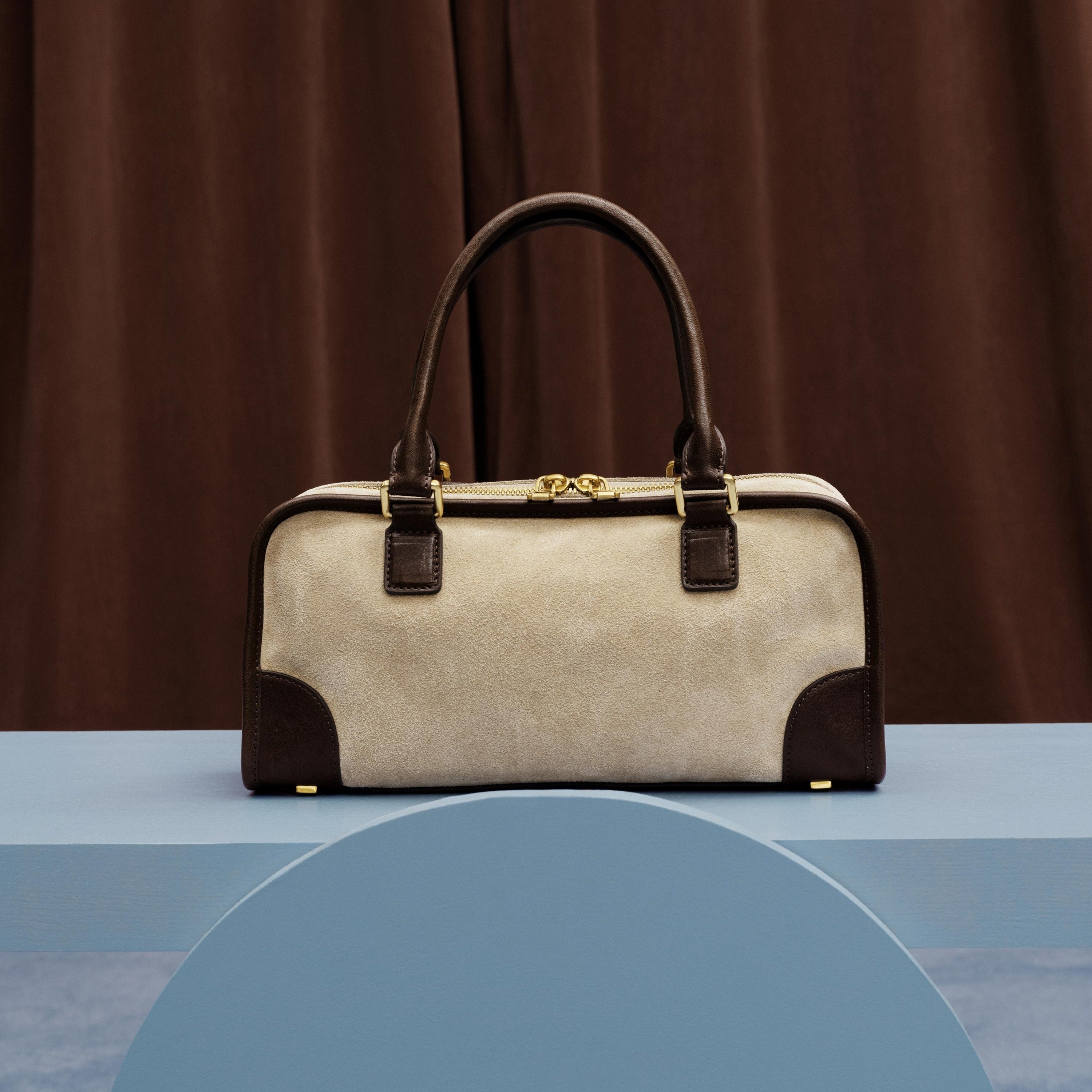 Taupe Suede Patch Vintage Bowling Bag