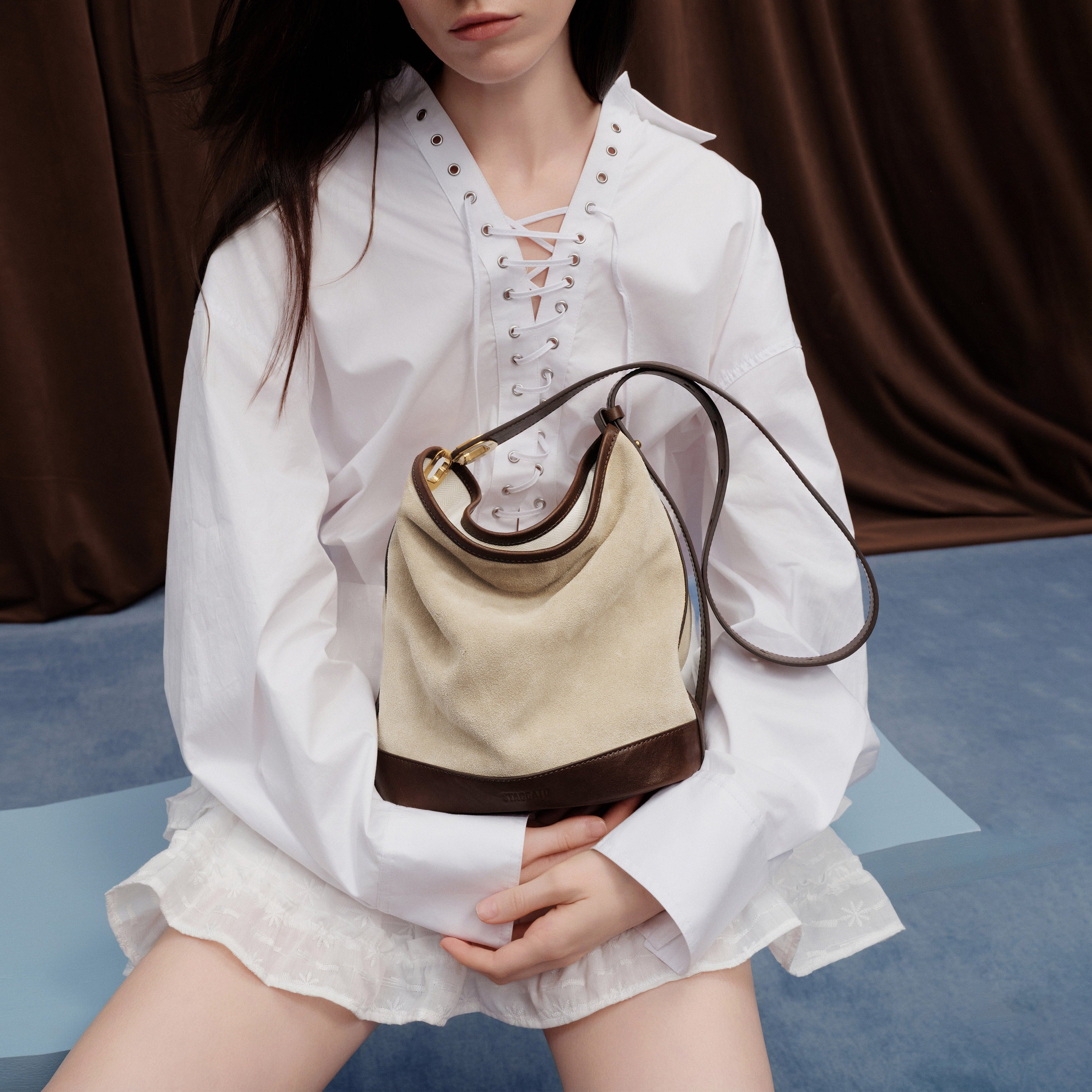 Taupe Suede Patch Bucket Bags