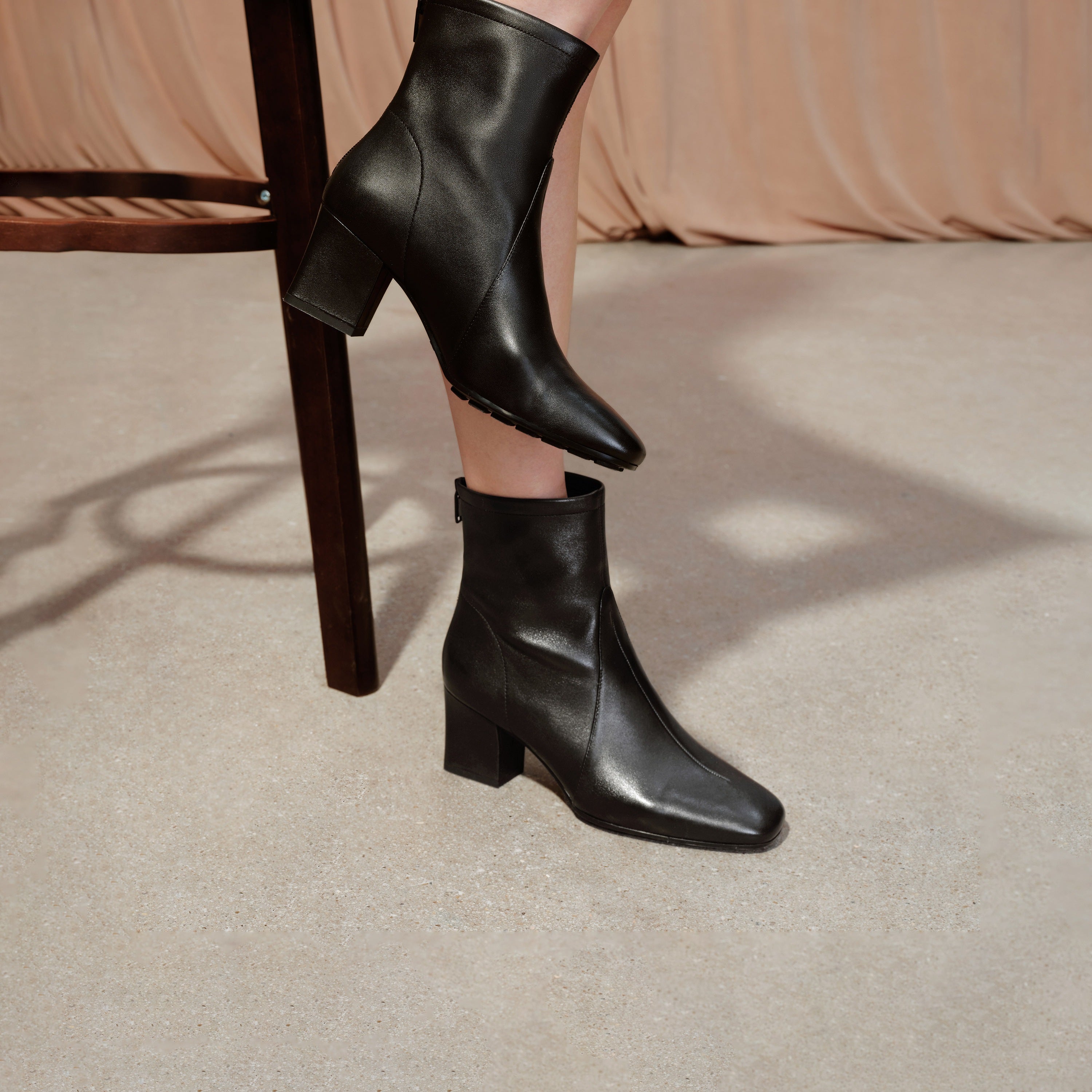 Black Waxy Leather Ankle Heeled Boots