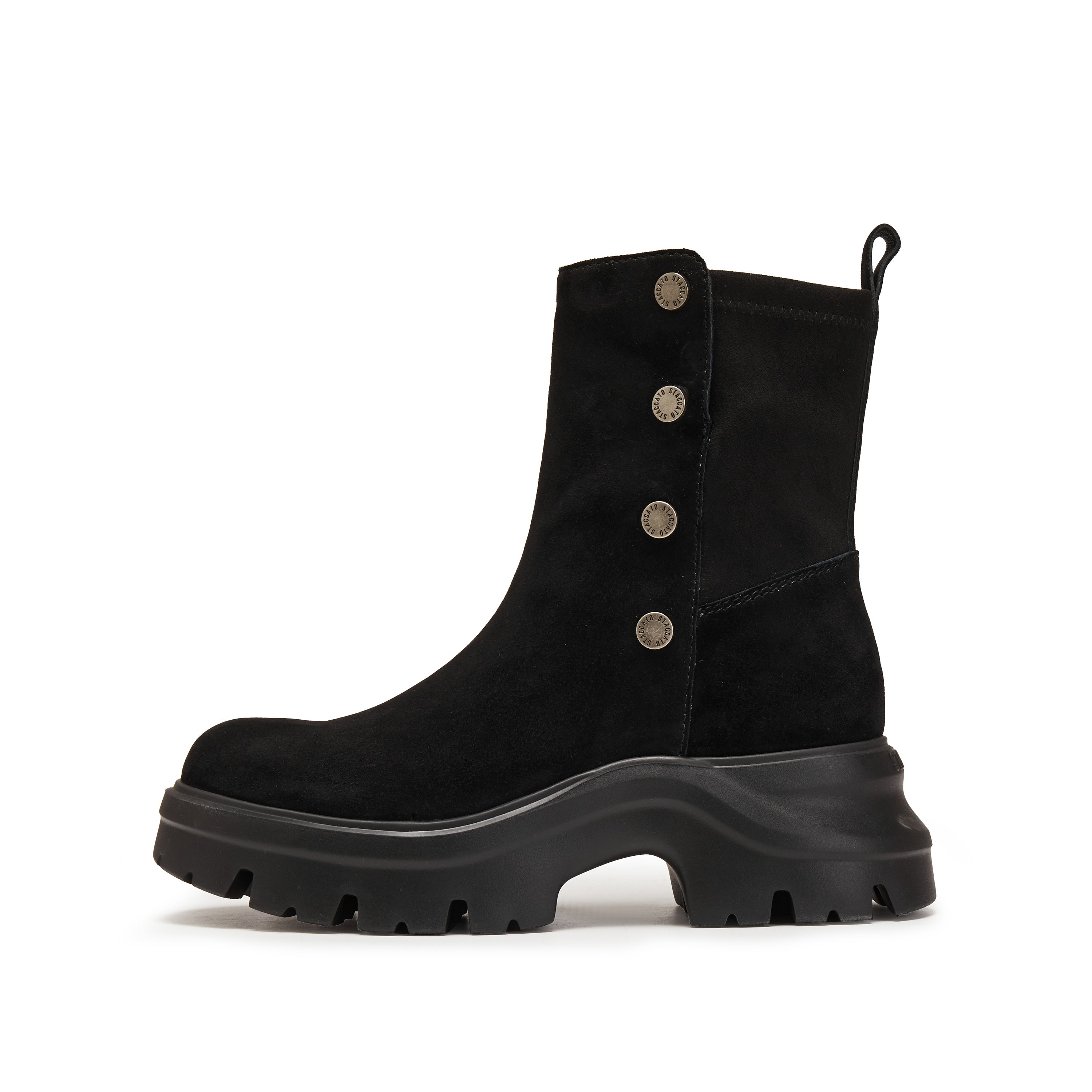 Black Suede Button Sporty Chunky Boots