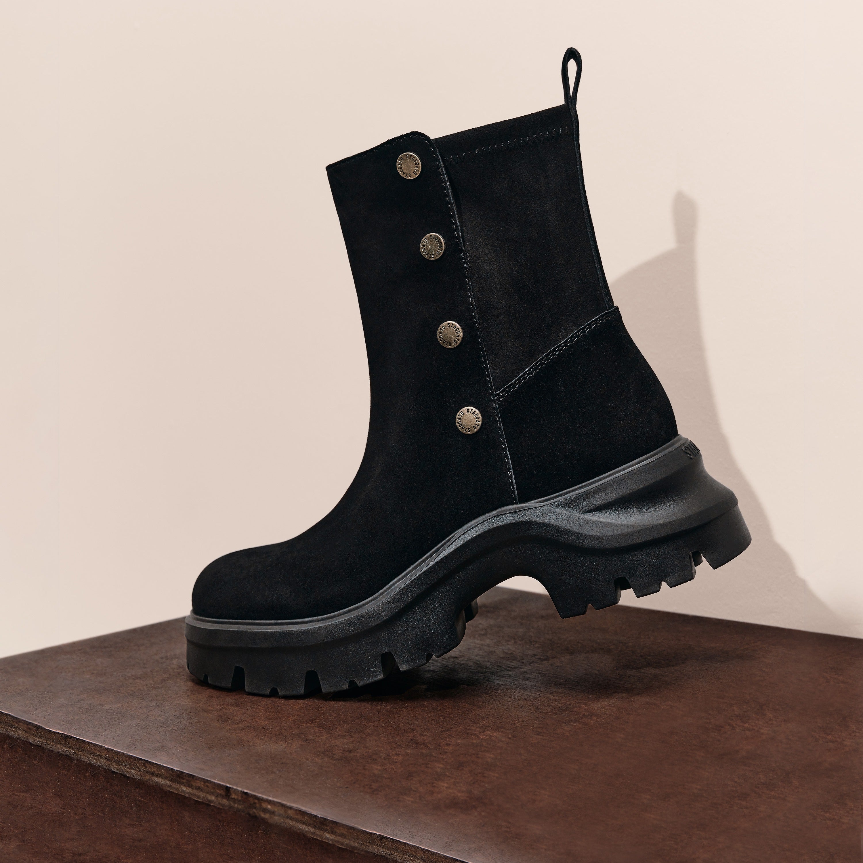Black Suede Button Sporty Chunky Boots