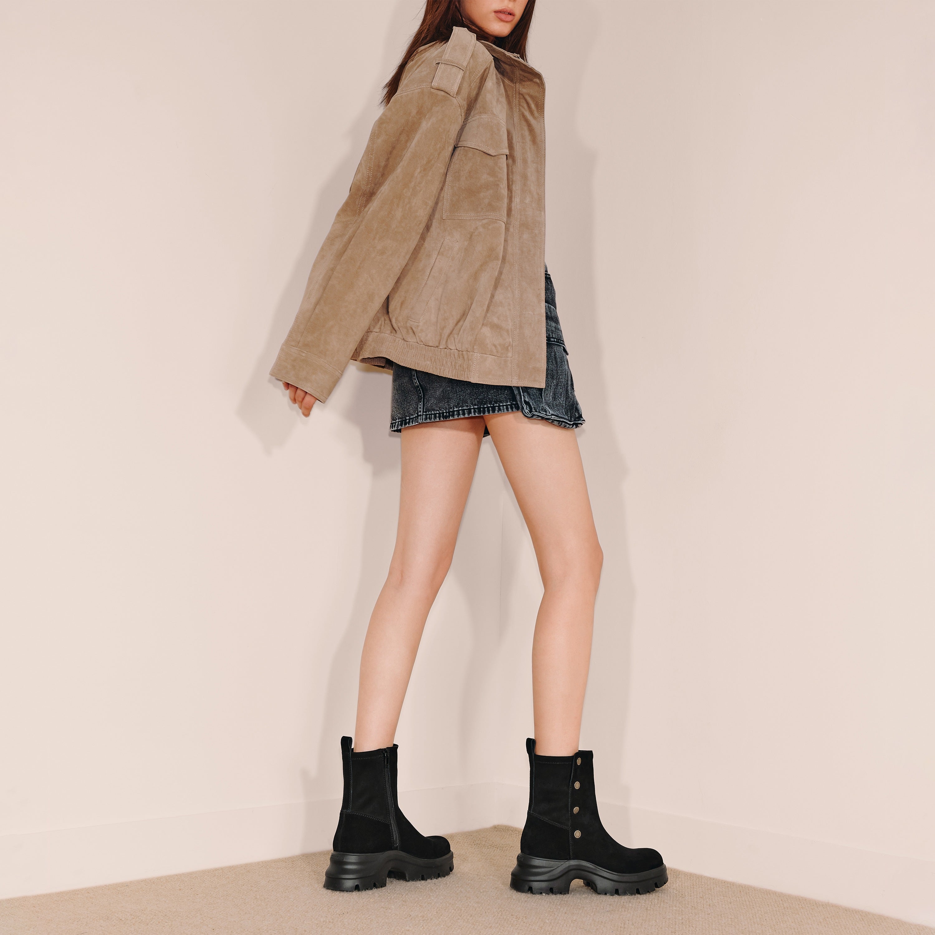 Black Suede Button Sporty Chunky Boots