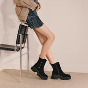 Black Suede Button Sporty Chunky Boots