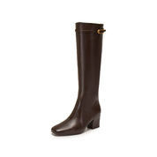 Dark Brown Buckle Strap Heeled Under Knee Boots