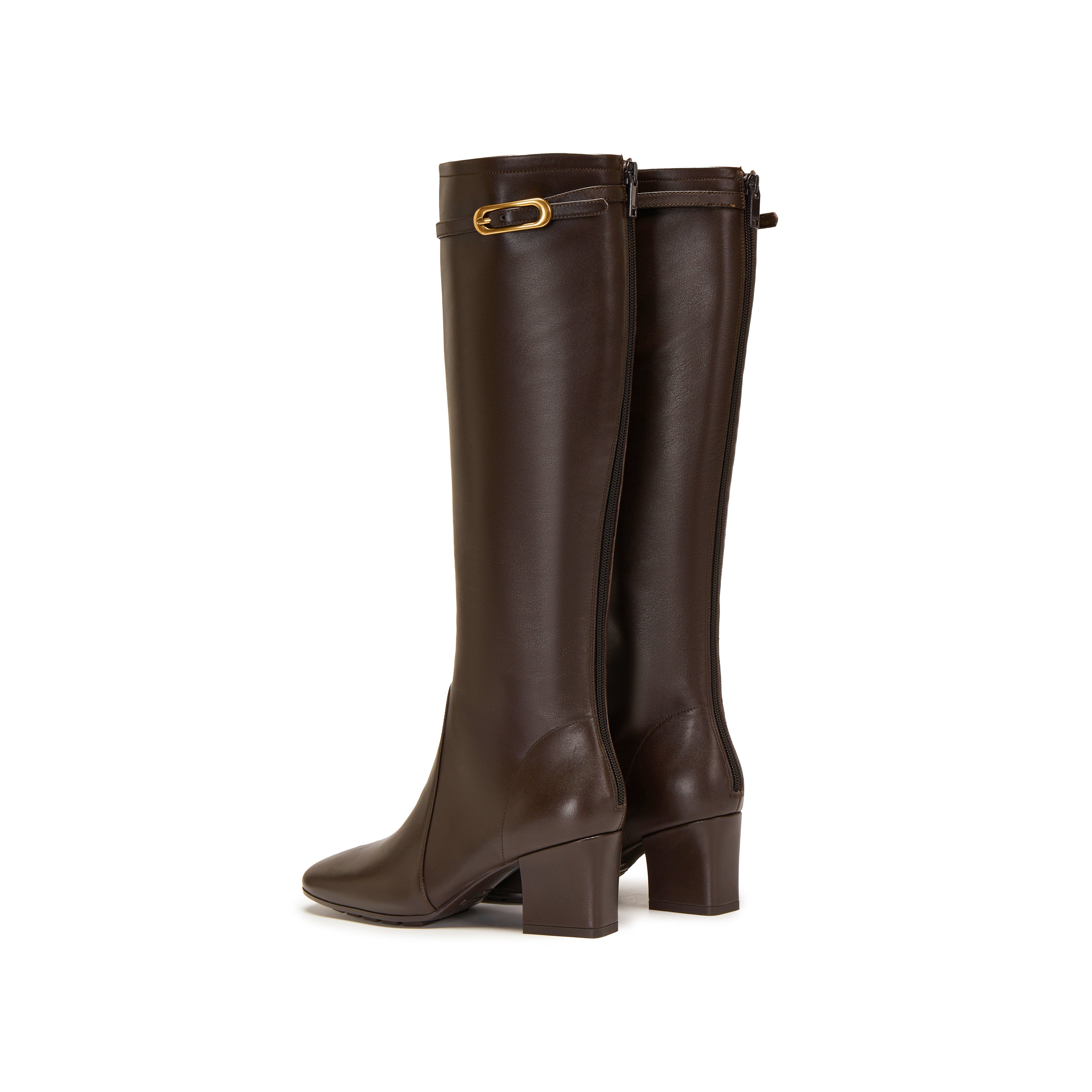 Dark Brown Buckle Strap Heeled Under Knee Boots