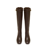 Dark Brown Buckle Strap Heeled Under Knee Boots