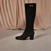 Dark Brown Buckle Strap Heeled Under Knee Boots