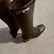 Dark Brown Buckle Strap Heeled Under Knee Boots
