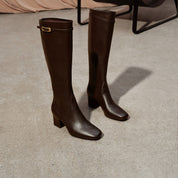 Dark Brown Buckle Strap Heeled Under Knee Boots