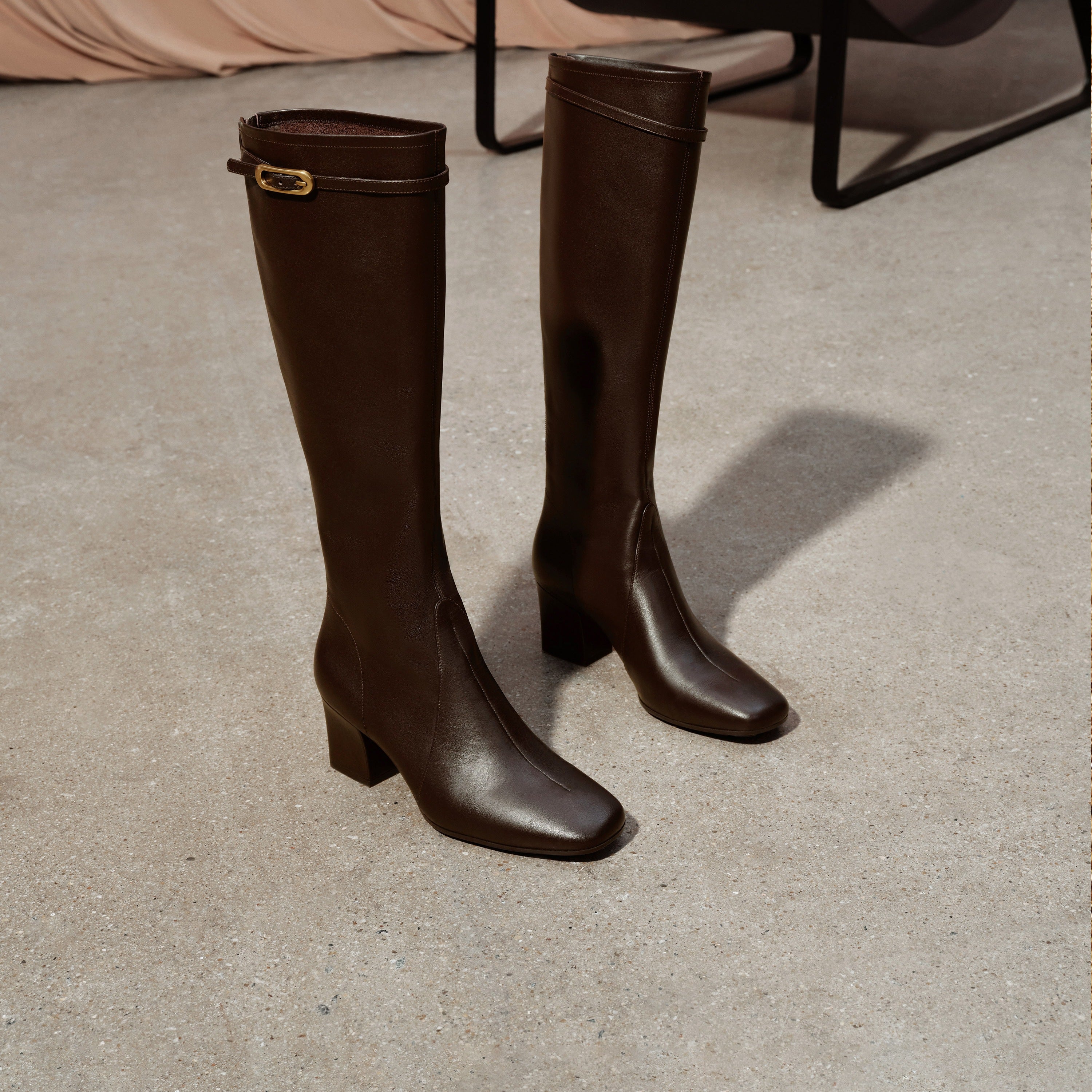 Dark Brown Buckle Strap Heeled Under Knee Boots