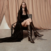 Dark Brown Buckle Strap Heeled Under Knee Boots