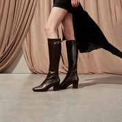Dark Brown Buckle Strap Heeled Under Knee Boots