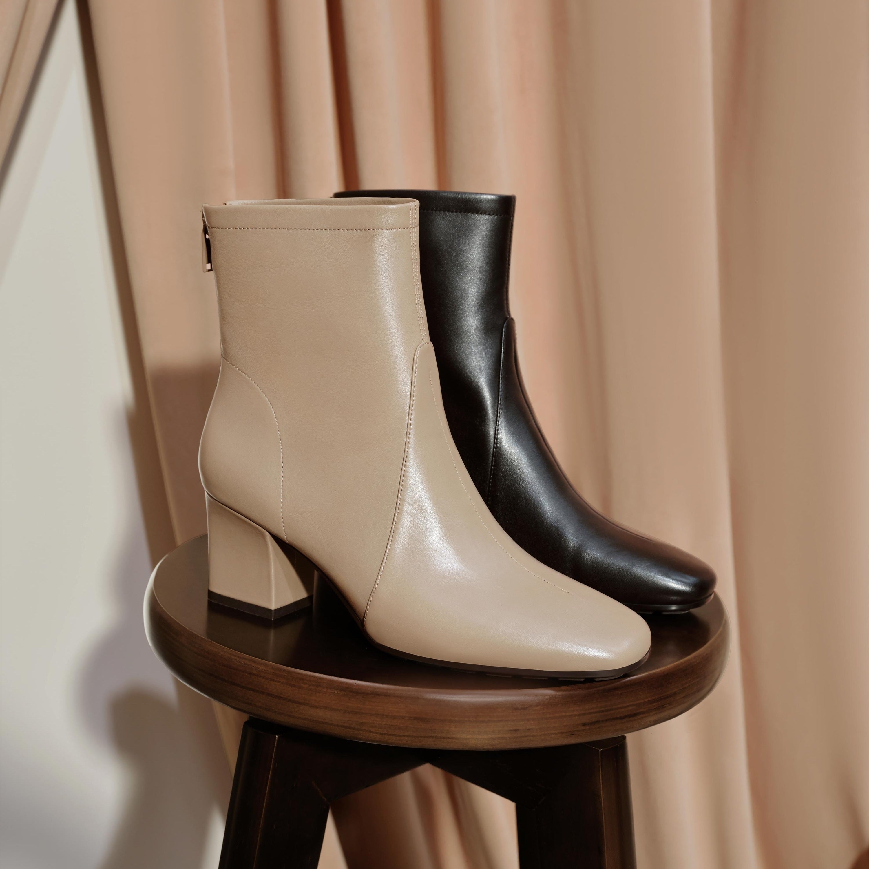 Grey Waxy Leather Ankle Heeled Boots