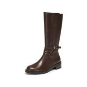 Brown Waxed Ankle Buckle Mid-long Riding Boots