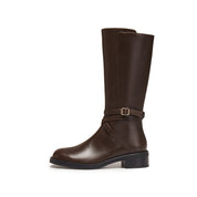 Brown Waxed Ankle Buckle Mid-long Riding Boots