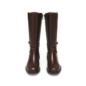Brown Waxed Ankle Buckle Mid-long Riding Boots