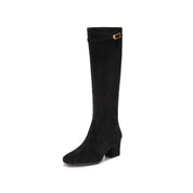 Black Buckle Strap Suede Under Knee Boots