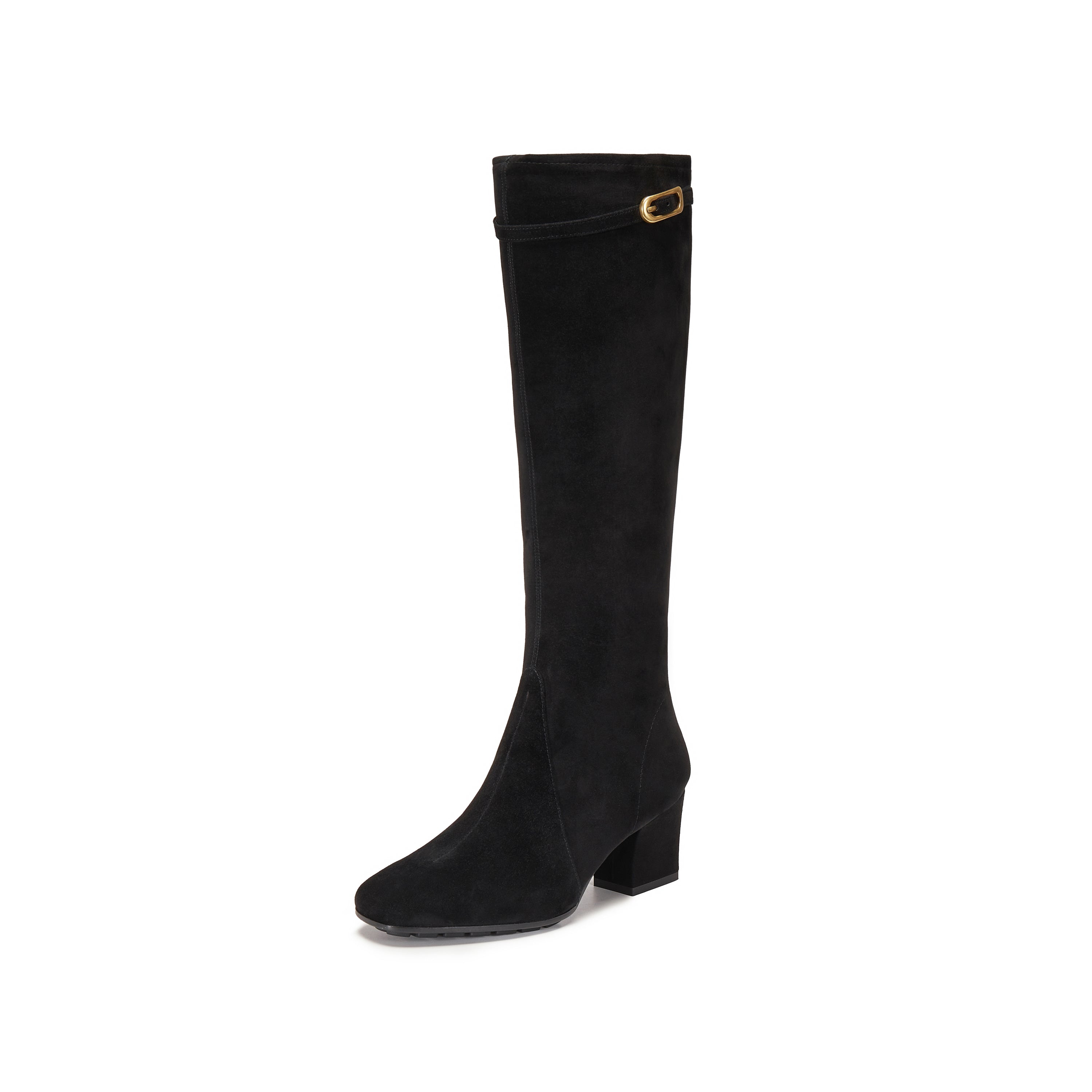 Black Buckle Strap Suede Under Knee Boots