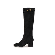 Black Buckle Strap Suede Under Knee Boots