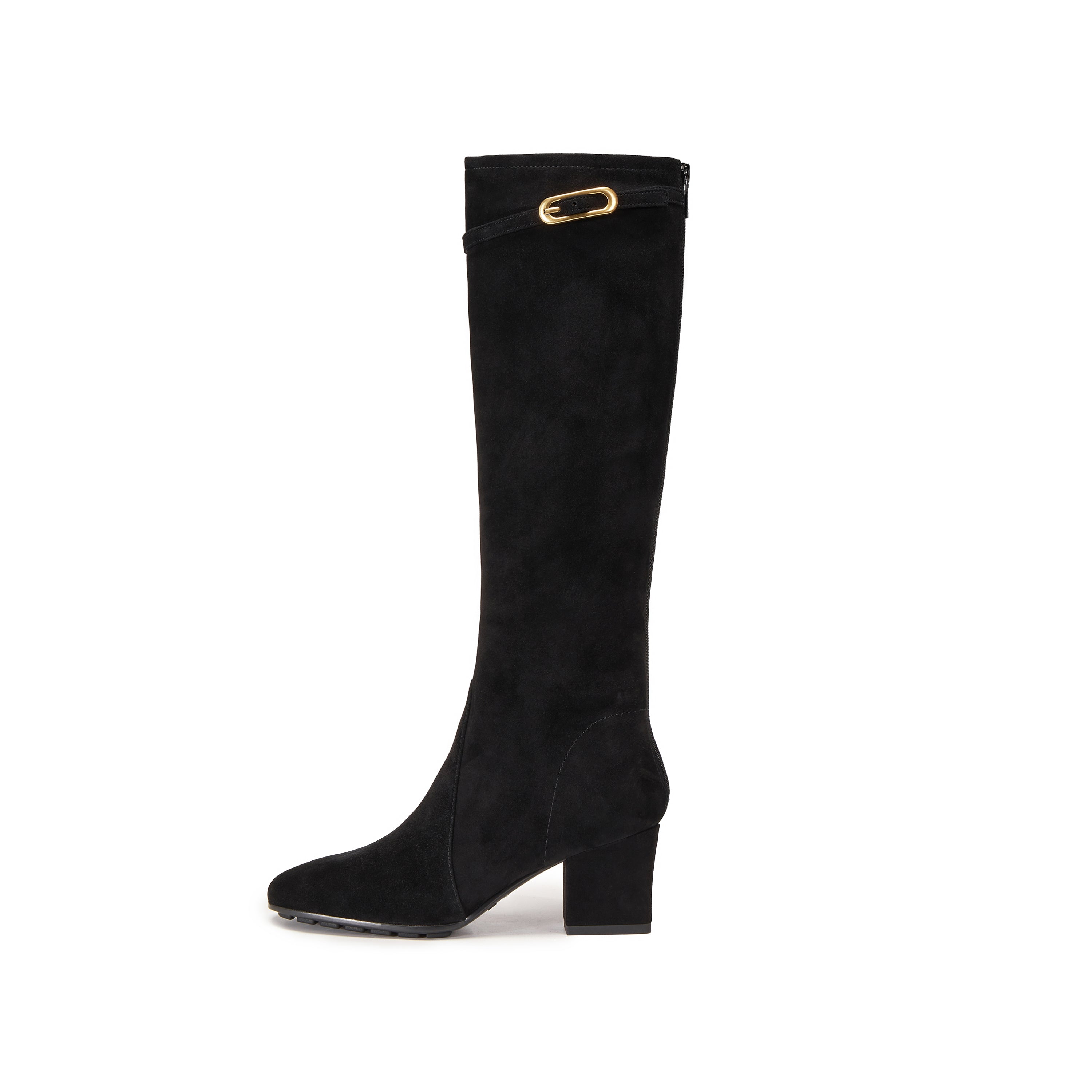 Black Buckle Strap Suede Under Knee Boots