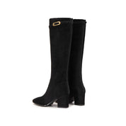 Black Buckle Strap Suede Under Knee Boots