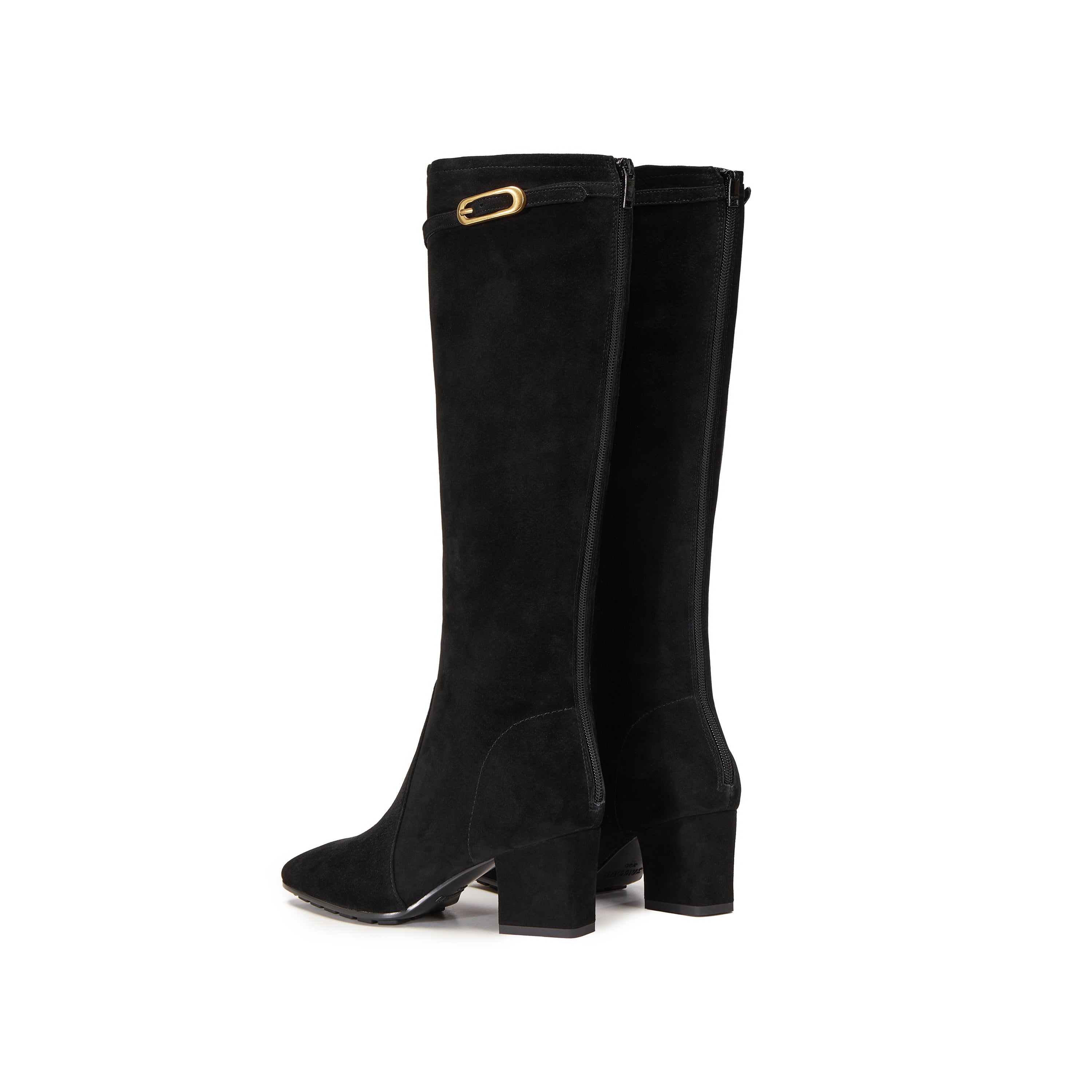 Black Buckle Strap Suede Under Knee Boots