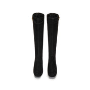 Black Buckle Strap Suede Under Knee Boots
