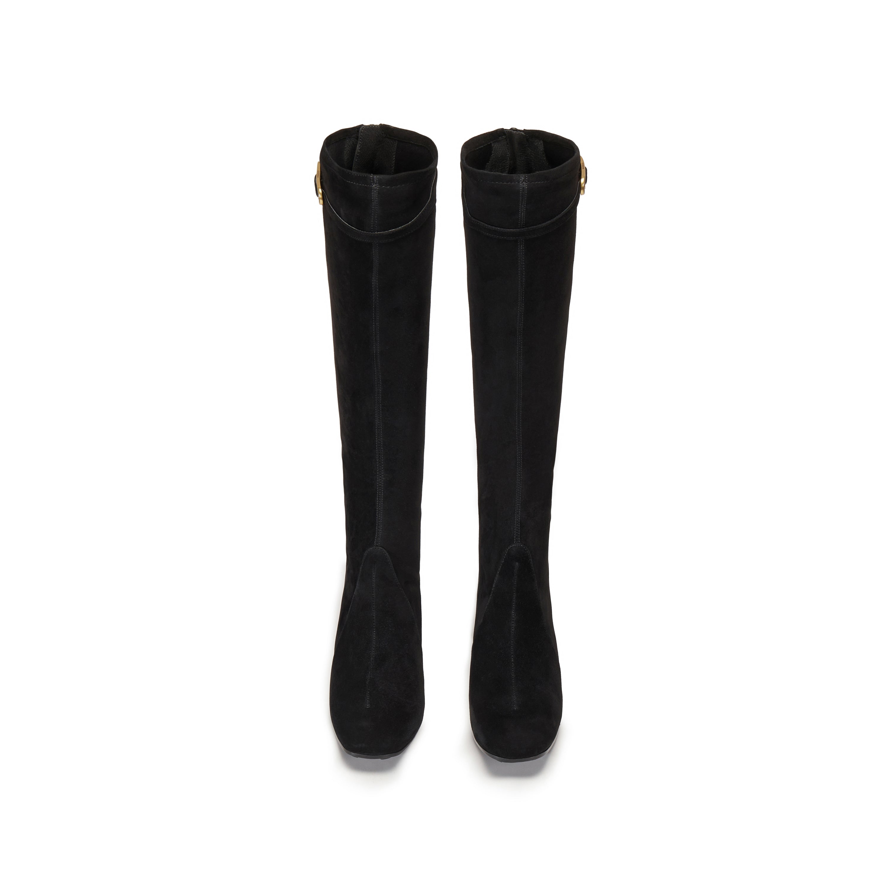 Black Buckle Strap Suede Under Knee Boots