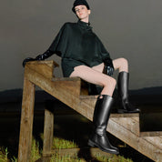 Black Waxed Cross Buckle Long Riding Boots