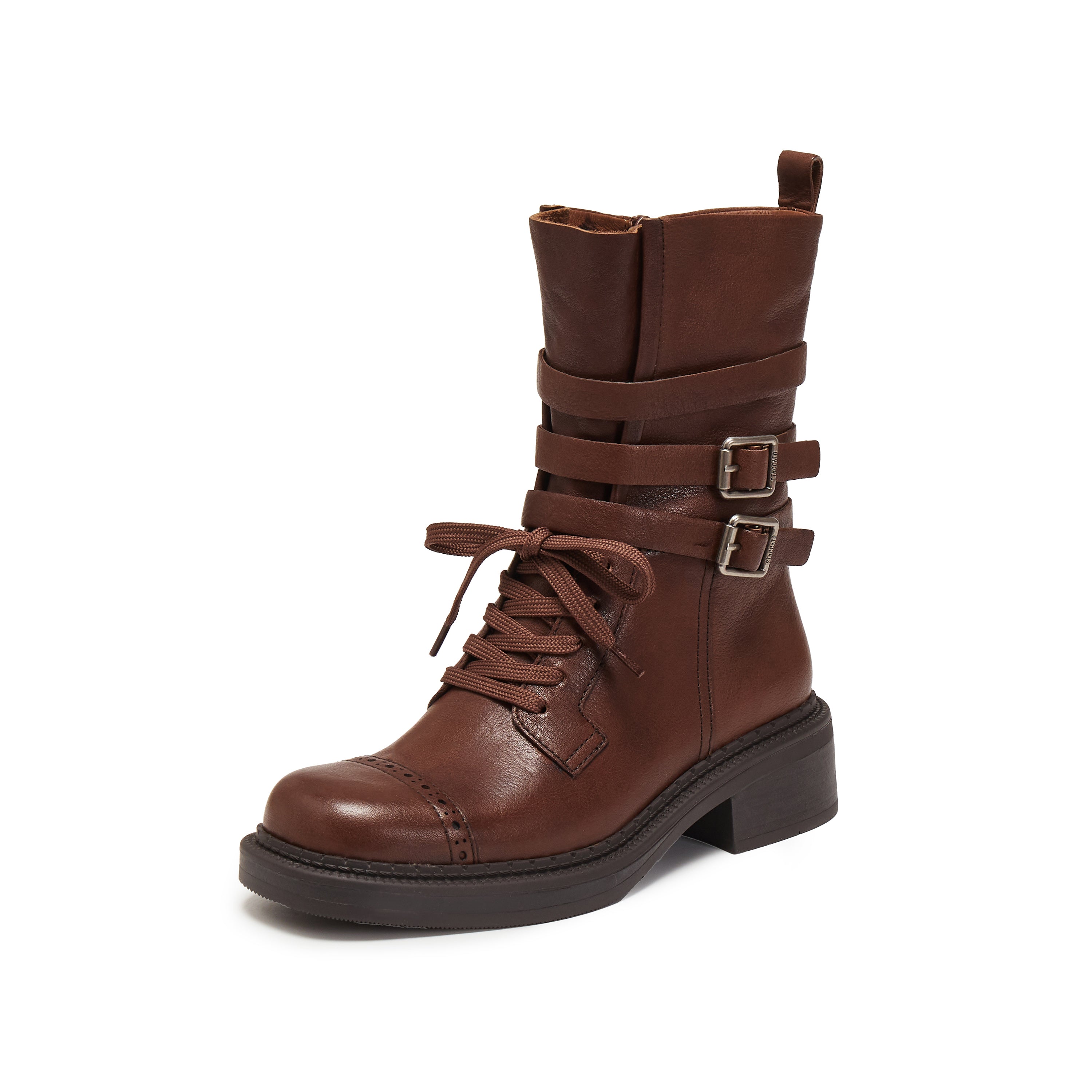 Rusty Brown Ankle Strappy Leather Combat Boots