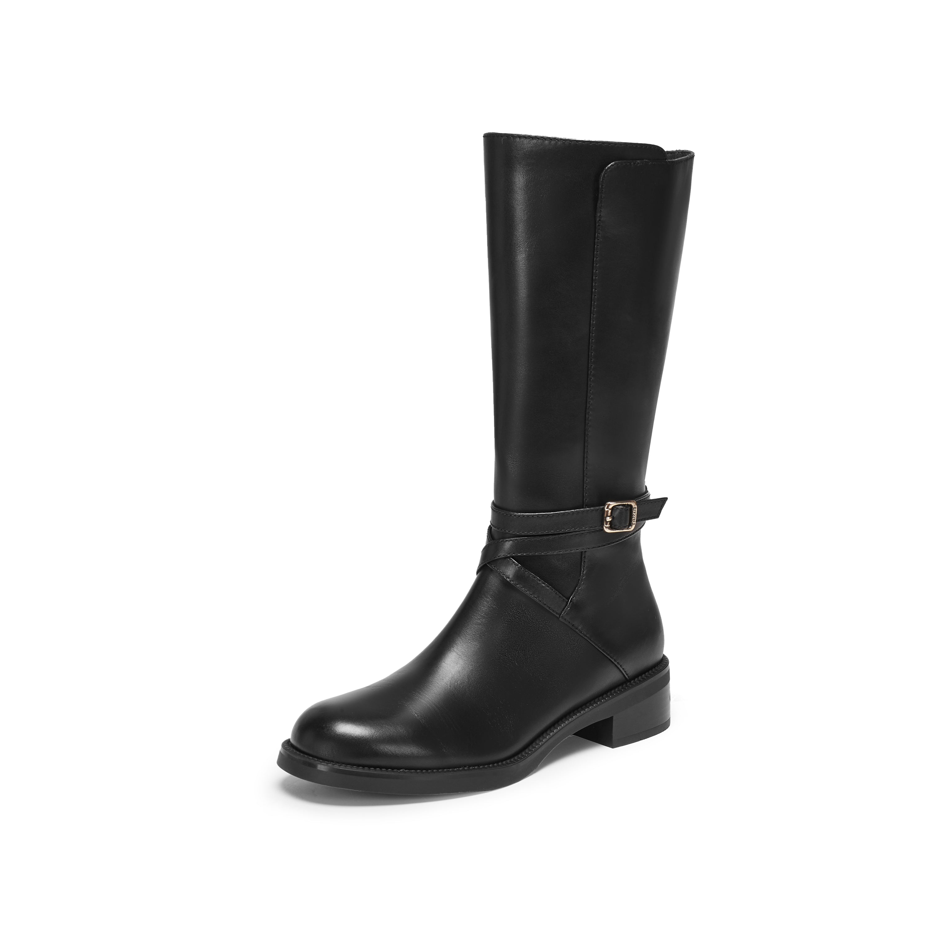 Black Waxed Ankle Buckle Mid-long Riding Boots