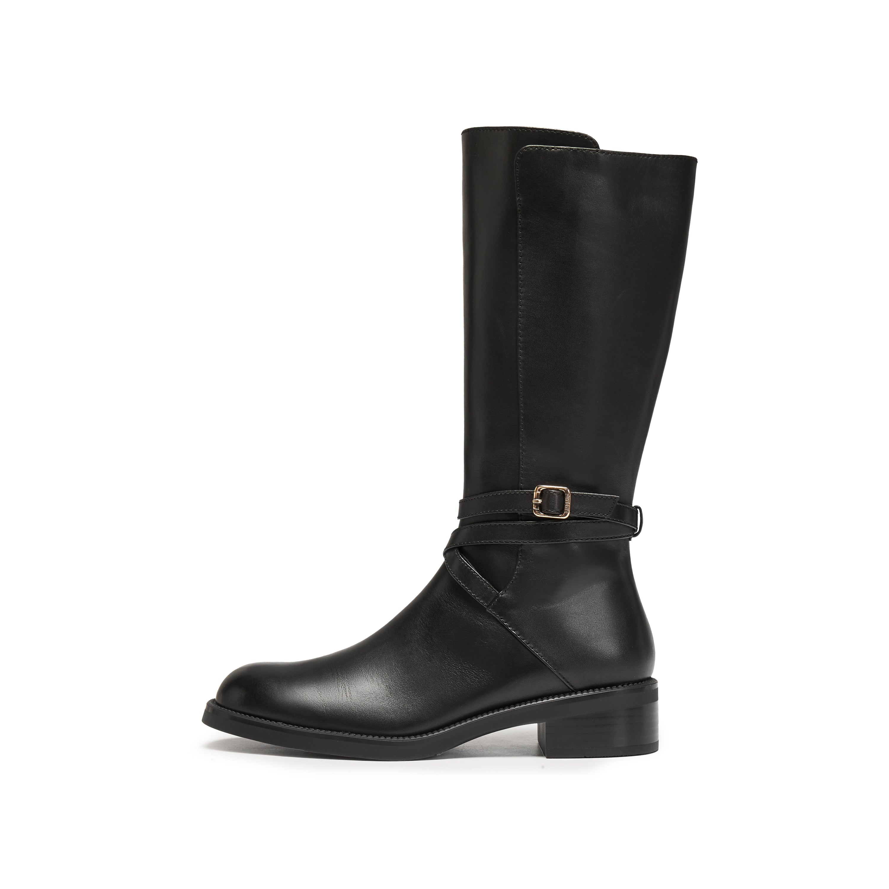 Black Waxed Ankle Buckle Mid-long Riding Boots