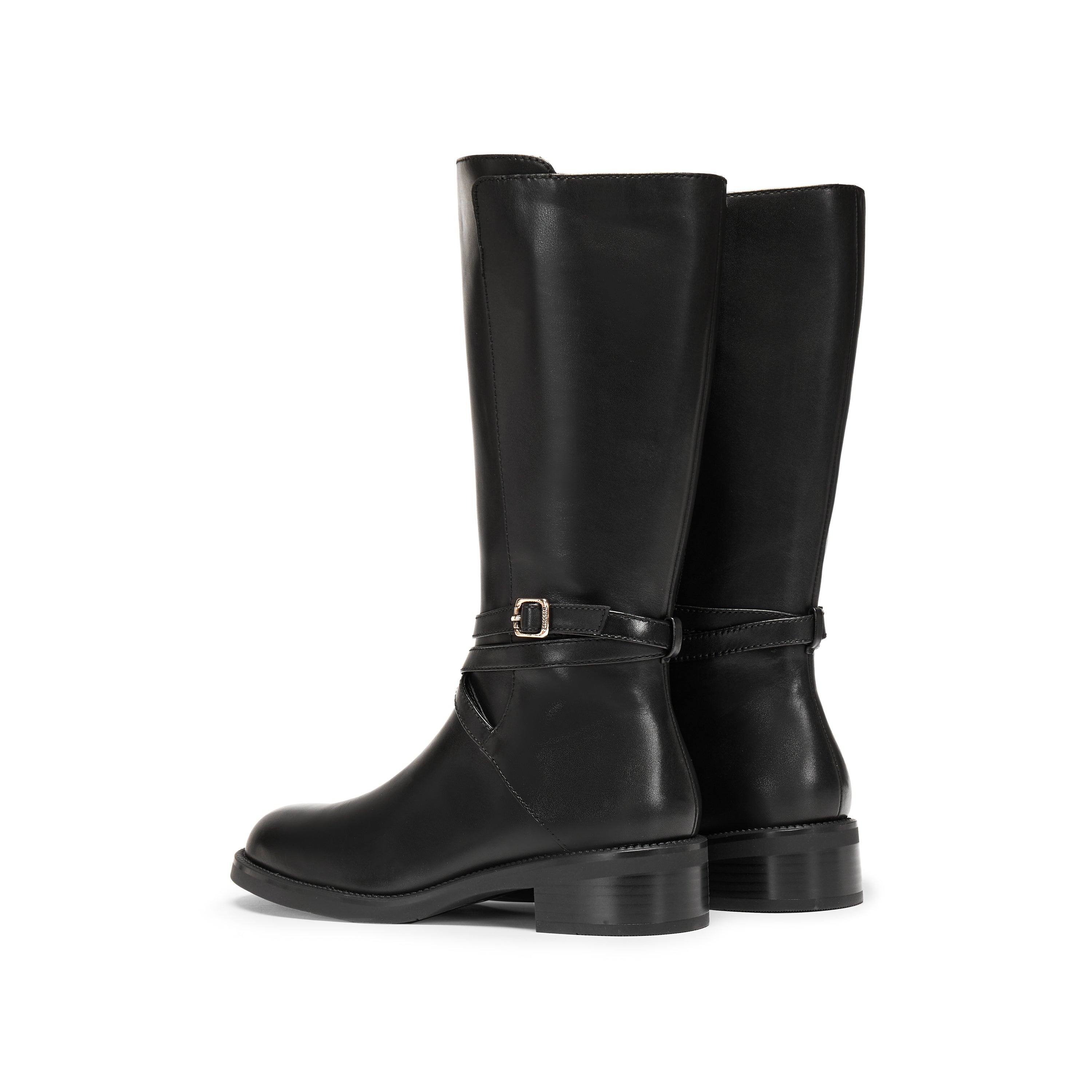 Black Waxed Ankle Buckle Mid-long Riding Boots