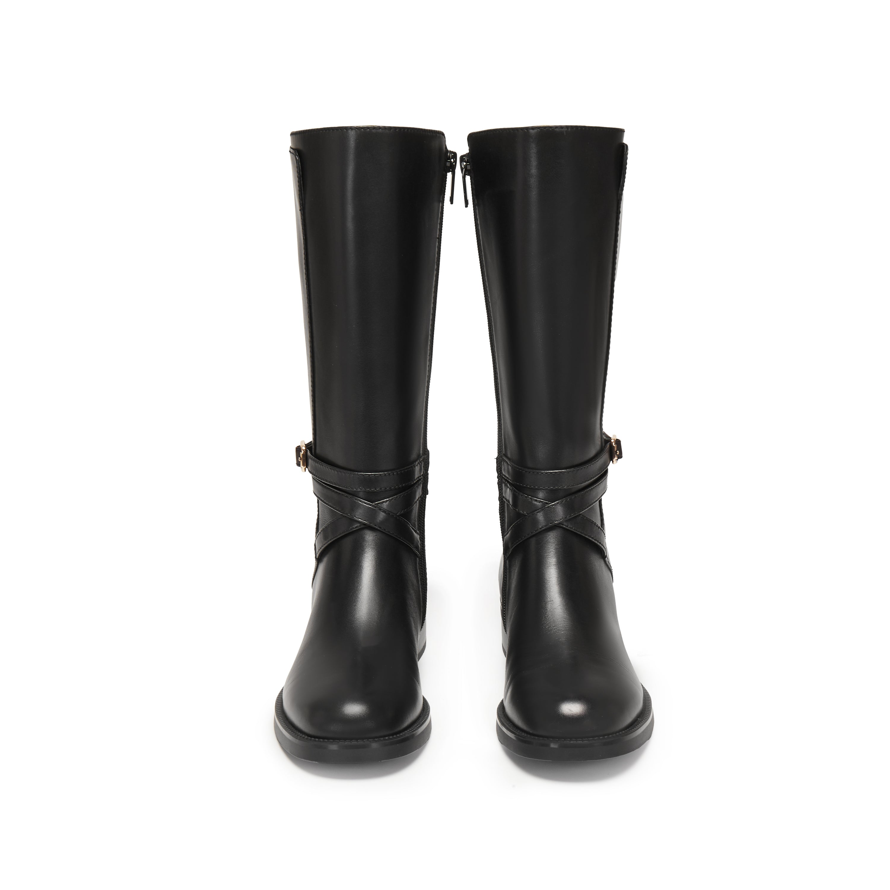 Black Waxed Ankle Buckle Mid-long Riding Boots