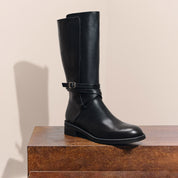 Black Waxed Ankle Buckle Mid-long Riding Boots
