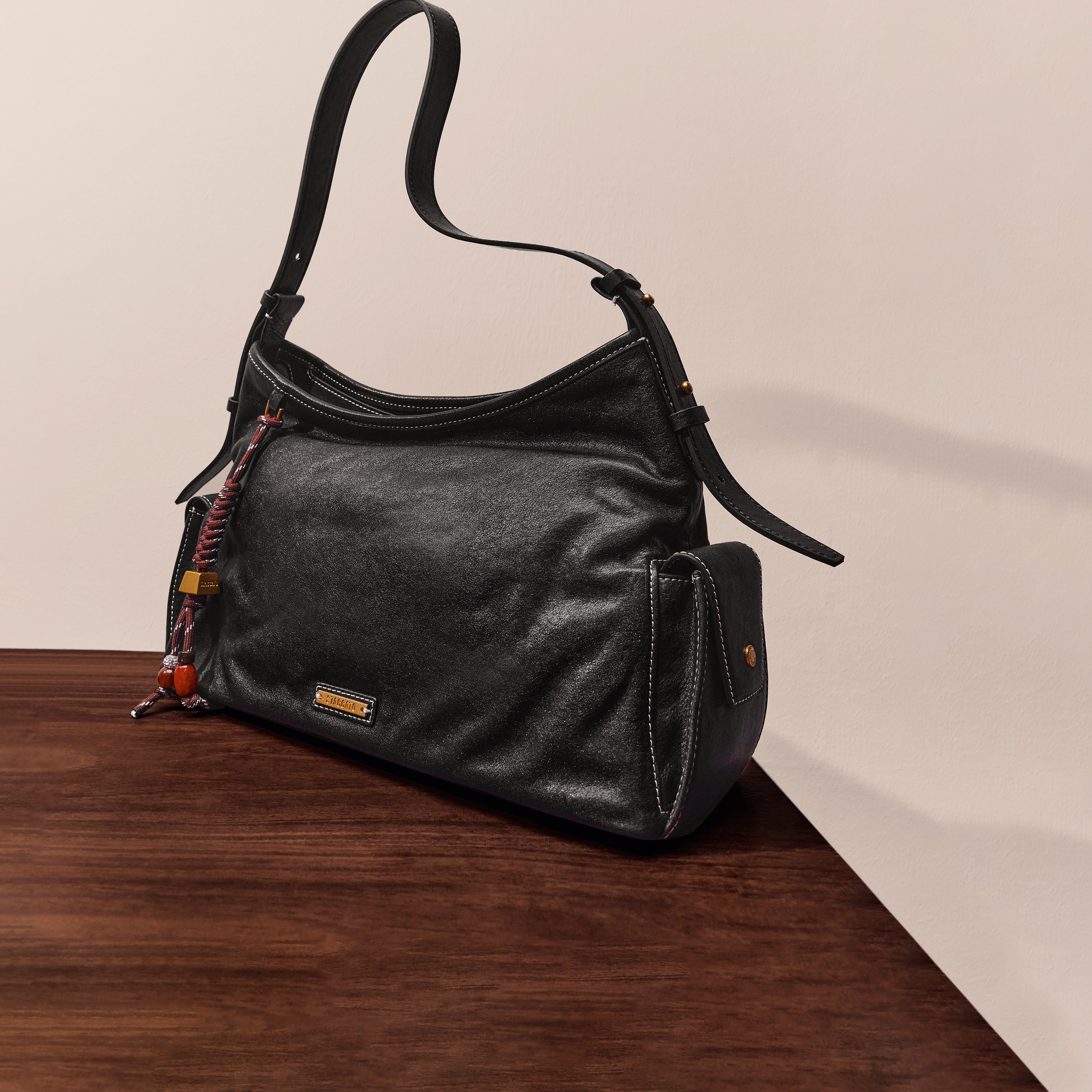 Black Leather Pocket Hobo Bags