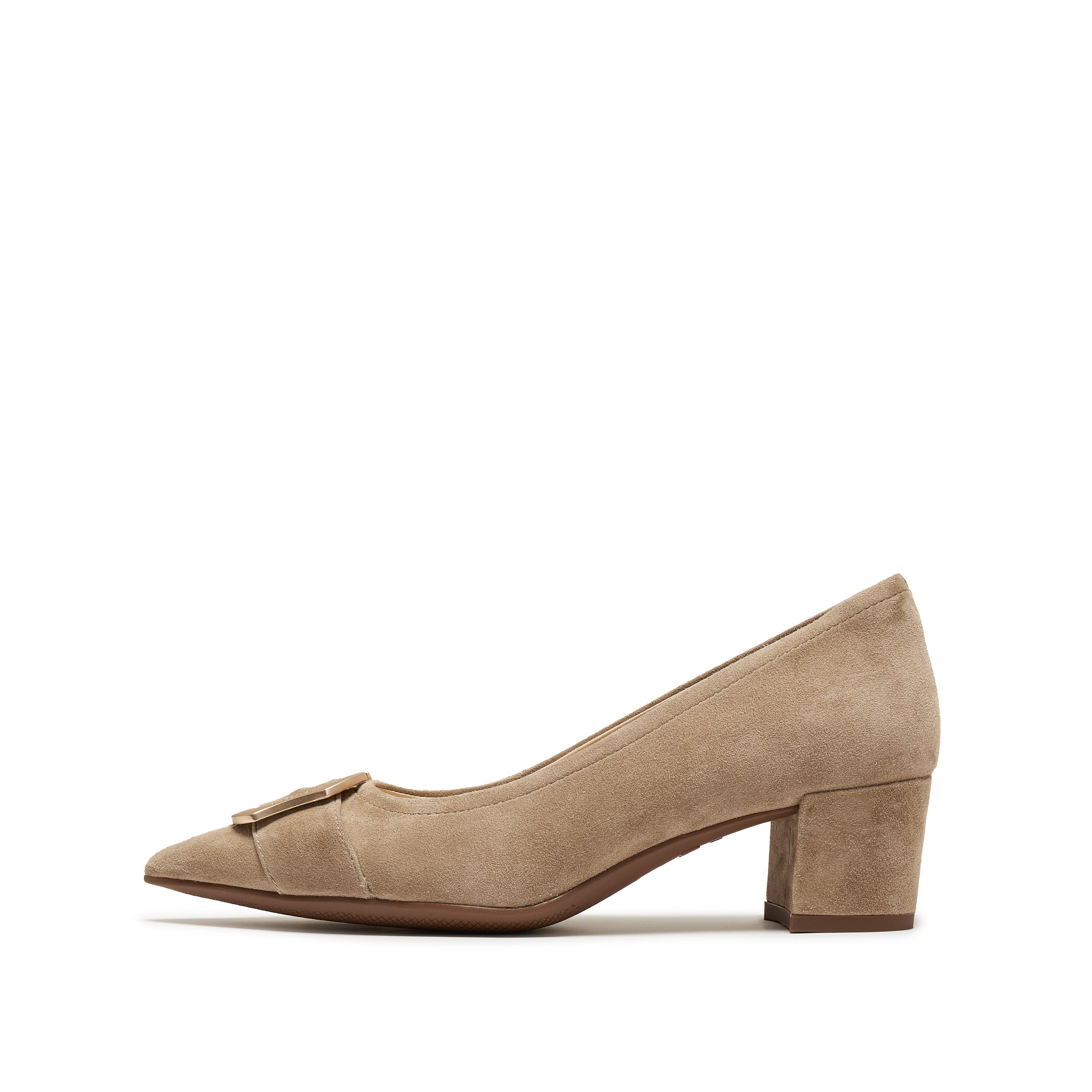 Taupe Suede Golden Buckle Heeled Pumps