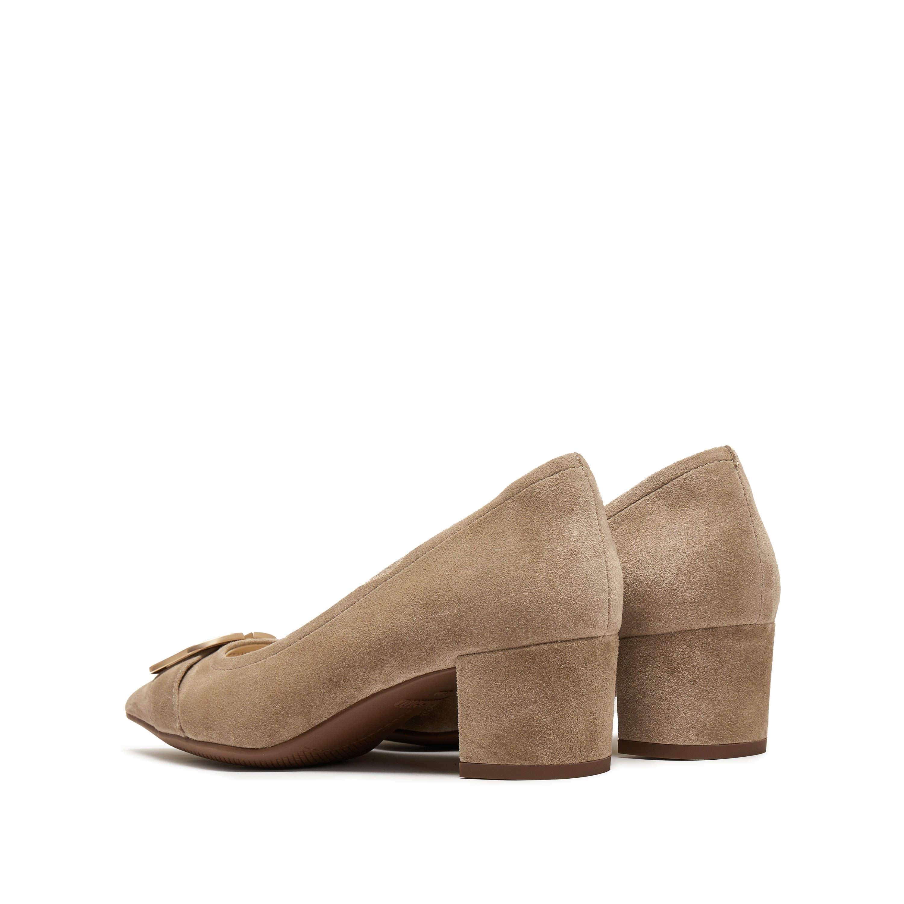 Taupe Suede Golden Buckle Heeled Pumps