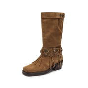 Camel Suede Tassel Under Knee Cowboy Boots