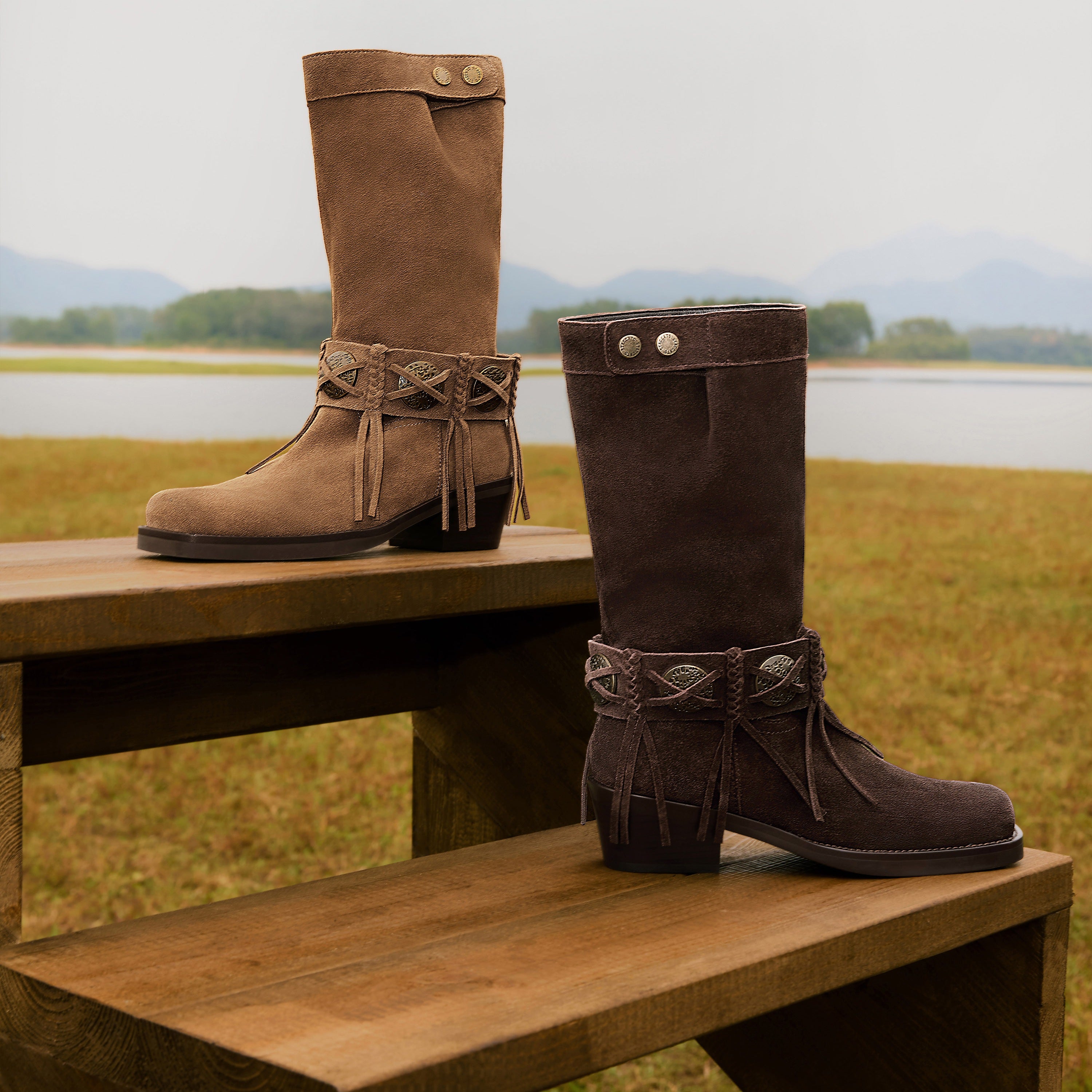 Camel Suede Tassel Under Knee Cowboy Boots
