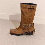 Camel Suede Tassel Under Knee Cowboy Boots