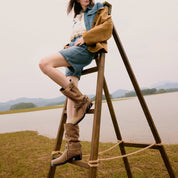 Camel Suede Tassel Under Knee Cowboy Boots