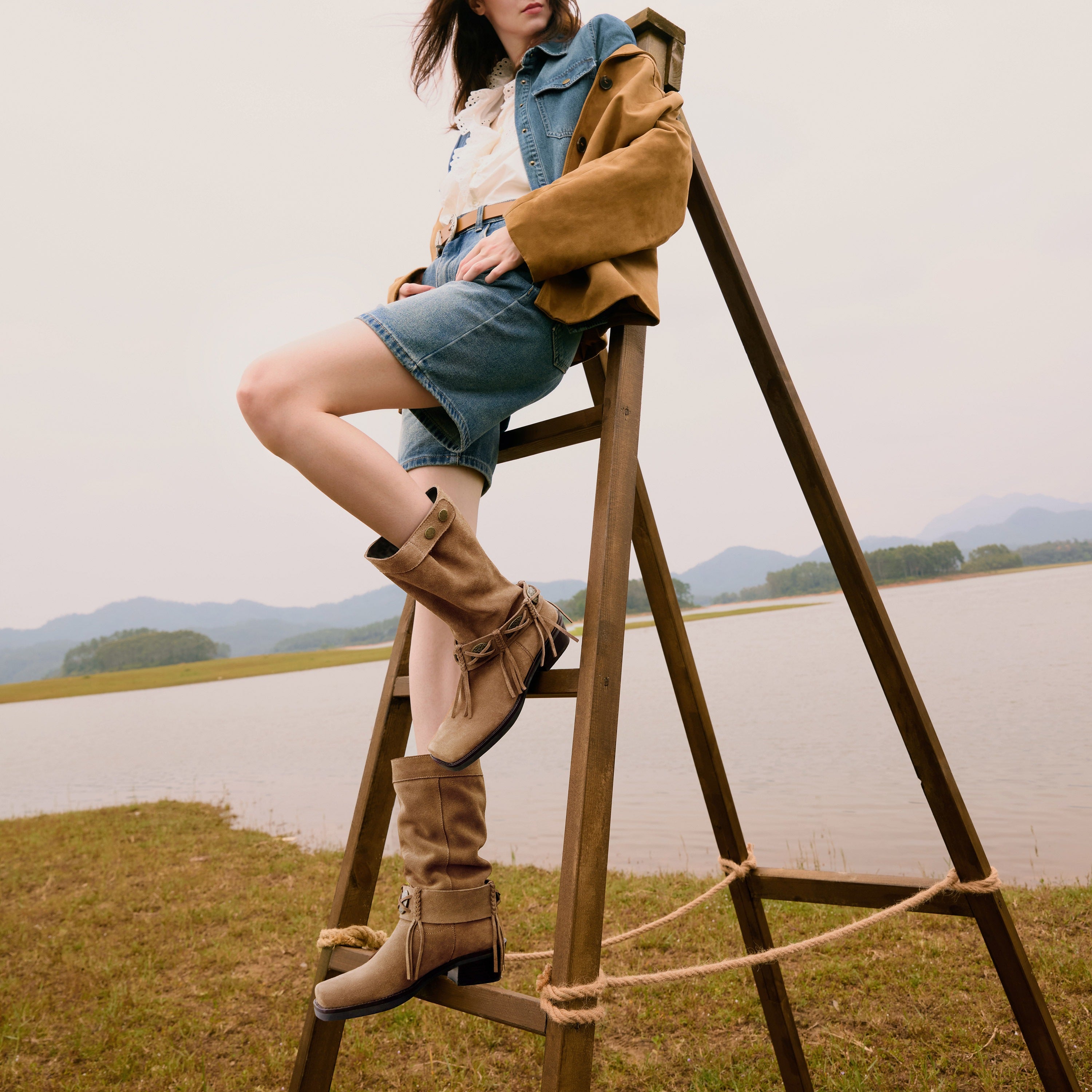 Camel Suede Tassel Under Knee Cowboy Boots