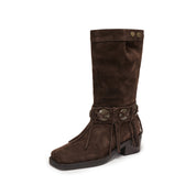 Brown Suede Tassel Under Knee Cowboy Boots