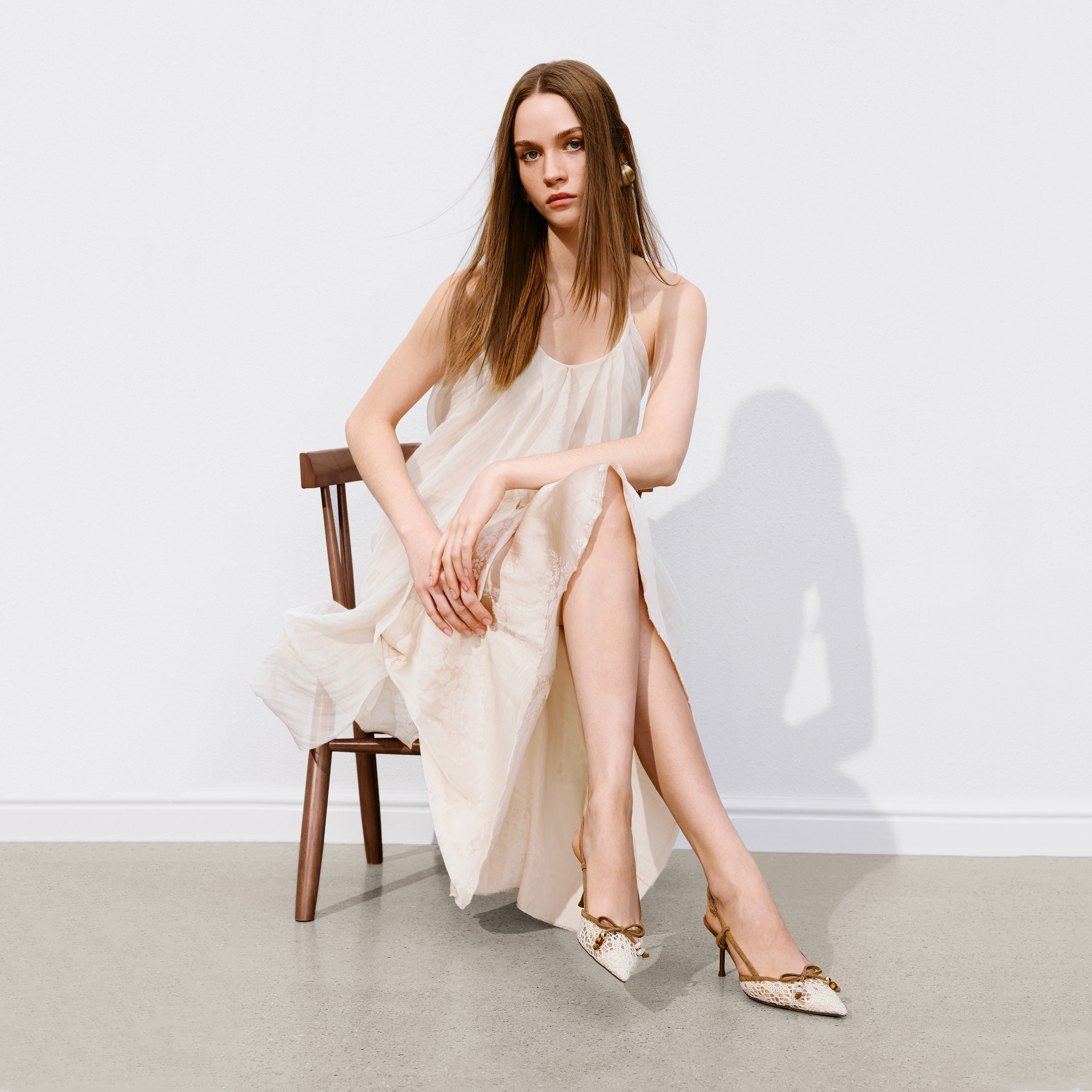 Ivory Lace Bow Heeled Slingback Pumps