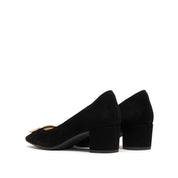 Black Suede Golden Buckle Heeled Pumps